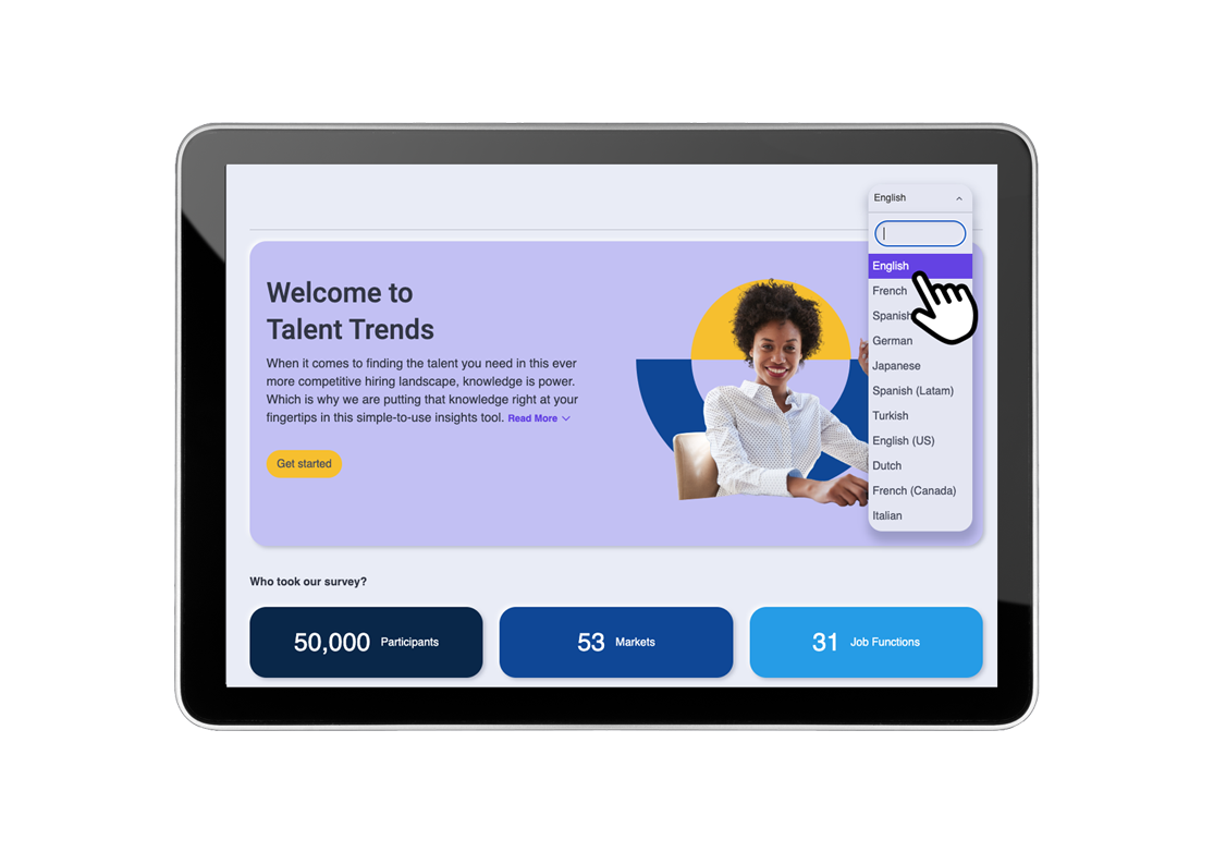 Tabletscherm met 'Welcome to Talent Trends' en taalselectie.