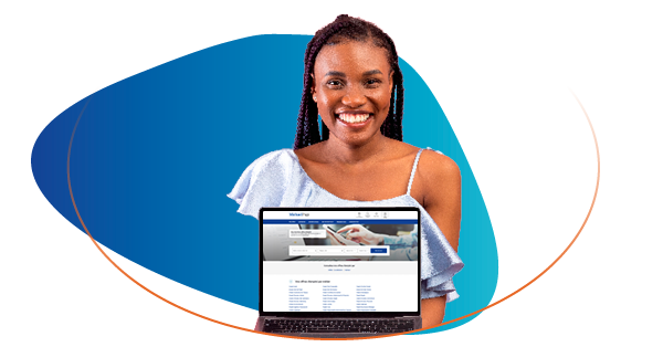 Smiling woman holding a laptop showing the Michael Page home page